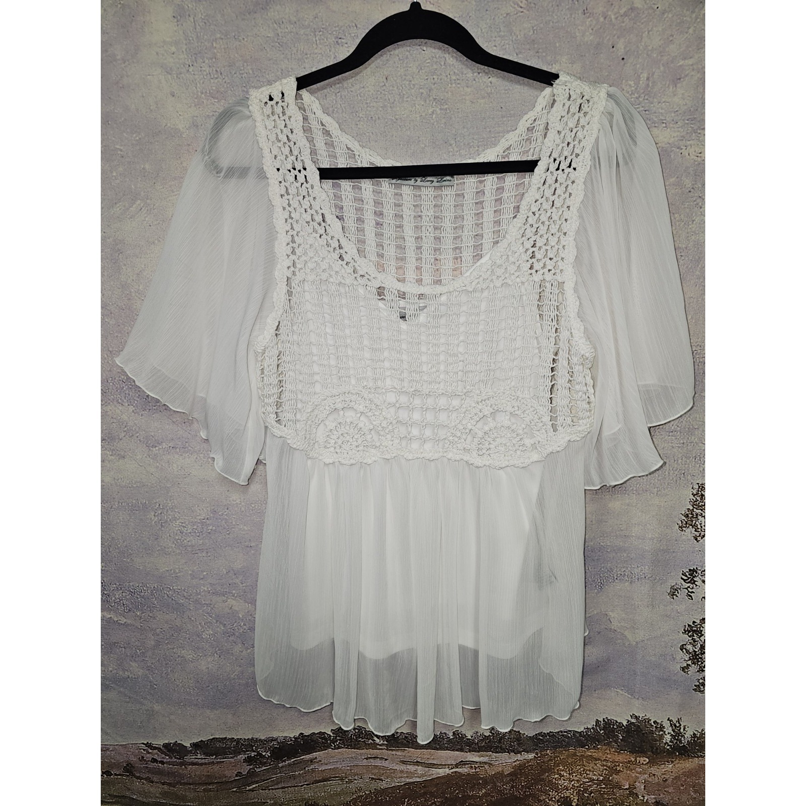 Signature By Larry Levine Boho Crochet Cottage Core Peasant Top Women's Sz M